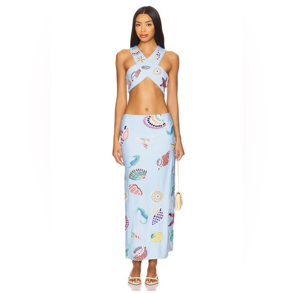 Oceanus Dresses & Skirts - Oceanus KShell Hand Beaded Light Blue Seashell Print HalterTop and Skirt Set NWT